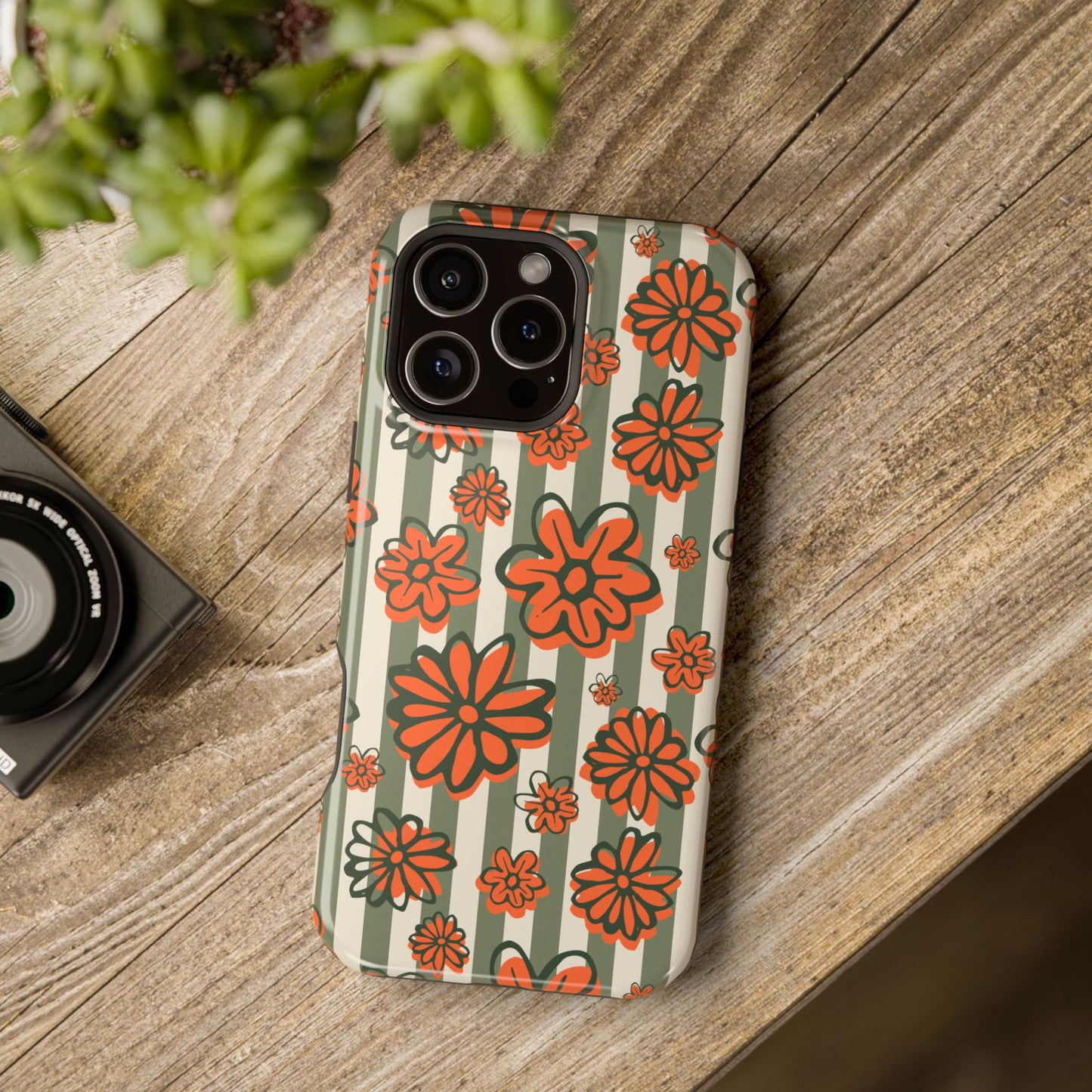 Retro Striped Floral Phone Case – MagSafe Compatible for iPhone & Samsung Galaxy