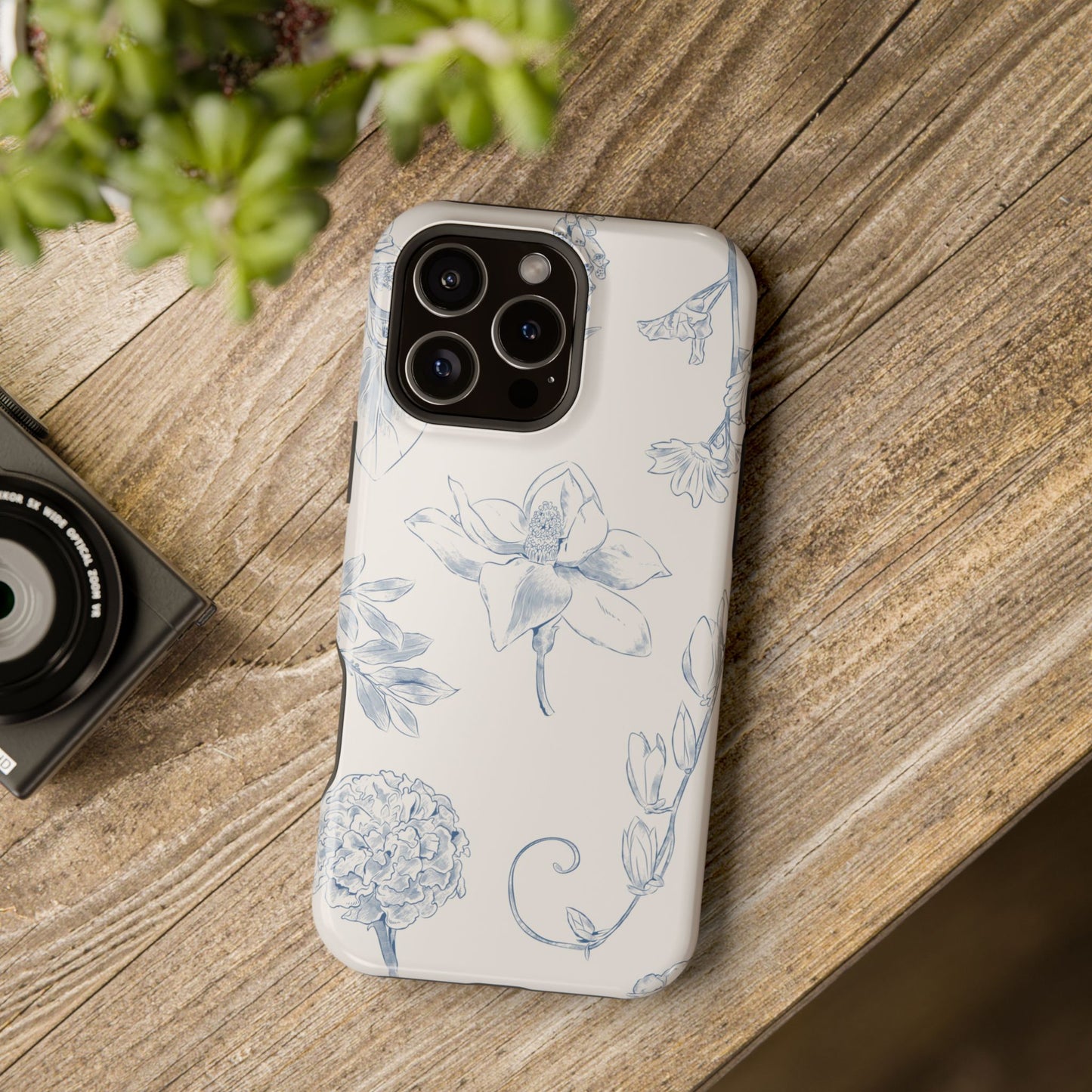 Vintage Blue Botanical Sketch Phone Case – MagSafe Compatible for iPhone & Samsung Galaxy