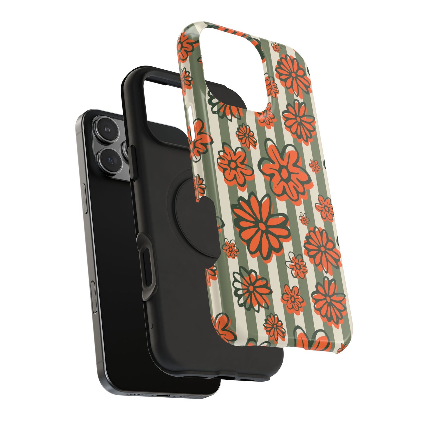 Retro Striped Floral Phone Case – MagSafe Compatible for iPhone & Samsung Galaxy