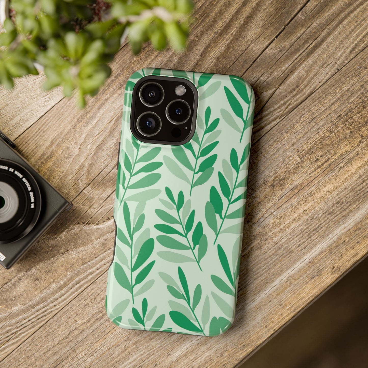 Green Leaf Pattern Phone Case – MagSafe Compatible for iPhone & Samsung Galaxy