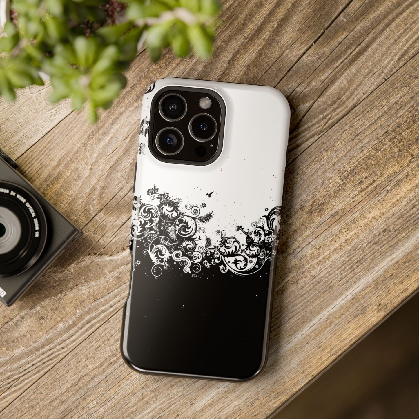Ornate Black & White Floral Swirl Phone Case – MagSafe Compatible for iPhone & Samsung Galaxy