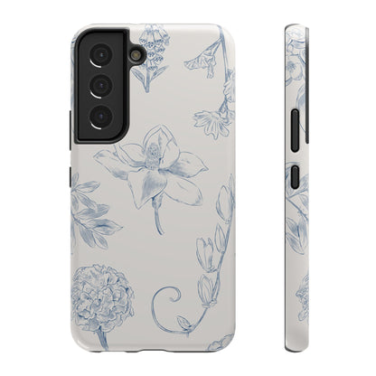 Vintage Blue Botanical Sketch Phone Case – MagSafe Compatible for iPhone & Samsung Galaxy