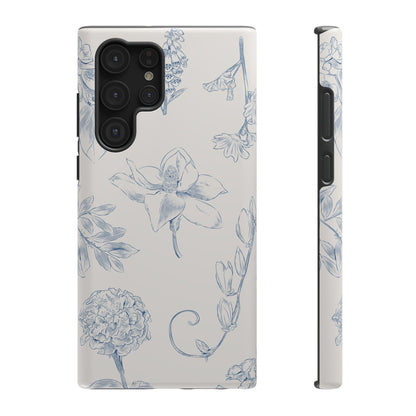 Vintage Blue Botanical Sketch Phone Case – MagSafe Compatible for iPhone & Samsung Galaxy