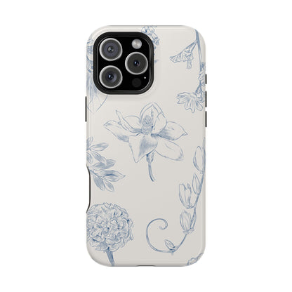 Vintage Blue Botanical Sketch Phone Case – MagSafe Compatible for iPhone & Samsung Galaxy