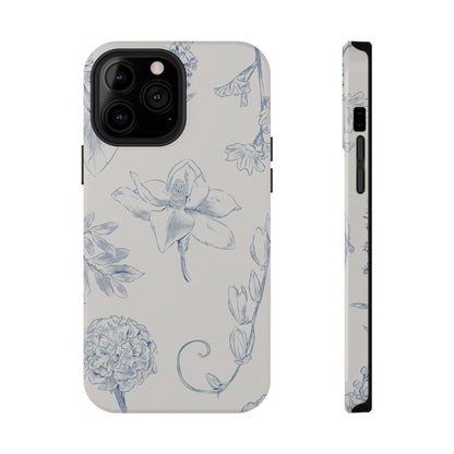 Vintage Blue Botanical Sketch Phone Case – MagSafe Compatible for iPhone & Samsung Galaxy