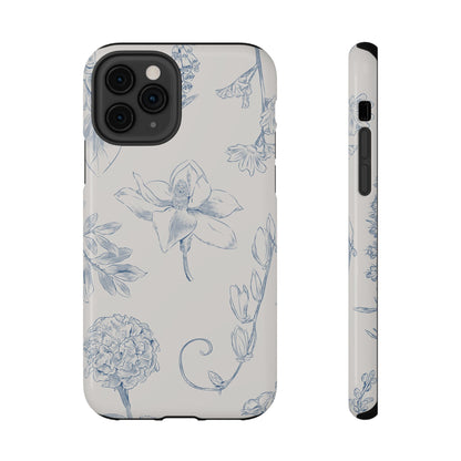 Vintage Blue Botanical Sketch Phone Case – MagSafe Compatible for iPhone & Samsung Galaxy