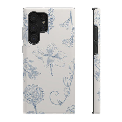 Vintage Blue Botanical Sketch Phone Case – MagSafe Compatible for iPhone & Samsung Galaxy