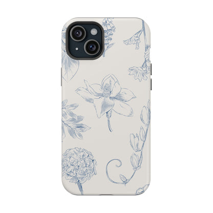 Vintage Blue Botanical Sketch Phone Case – MagSafe Compatible for iPhone & Samsung Galaxy