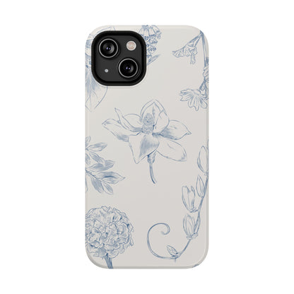 Vintage Blue Botanical Sketch Phone Case – MagSafe Compatible for iPhone & Samsung Galaxy