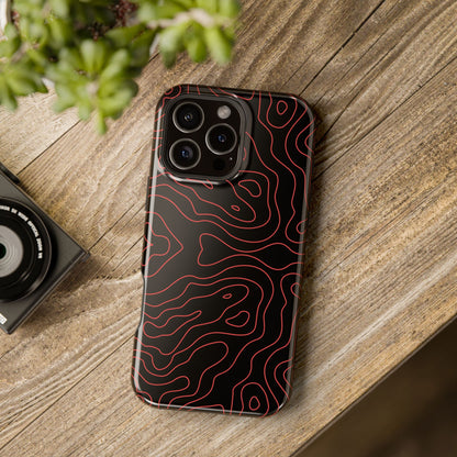 Topographic Lines Black & Red Phone Case – MagSafe Compatible for iPhone & Samsung Galaxy