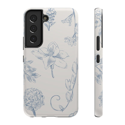 Vintage Blue Botanical Sketch Phone Case – MagSafe Compatible for iPhone & Samsung Galaxy