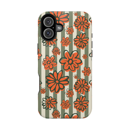 Retro Striped Floral Phone Case – MagSafe Compatible for iPhone & Samsung Galaxy
