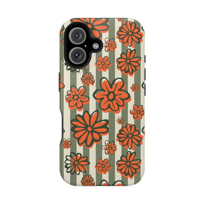 Retro Striped Floral Phone Case – MagSafe Compatible for iPhone & Samsung Galaxy