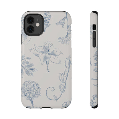 Vintage Blue Botanical Sketch Phone Case – MagSafe Compatible for iPhone & Samsung Galaxy