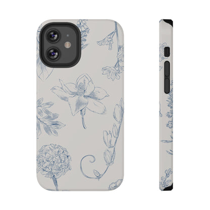 Vintage Blue Botanical Sketch Phone Case – MagSafe Compatible for iPhone & Samsung Galaxy
