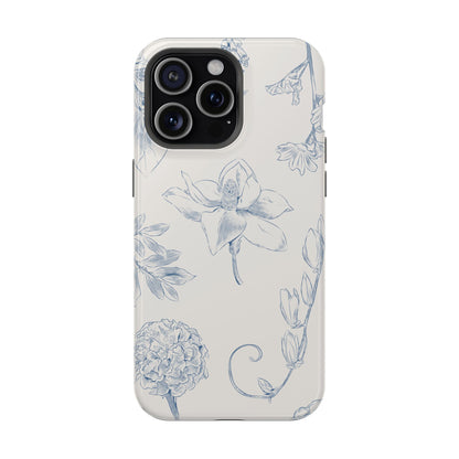 Vintage Blue Botanical Sketch Phone Case – MagSafe Compatible for iPhone & Samsung Galaxy