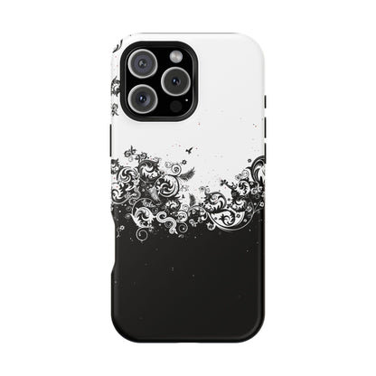 Ornate Black & White Floral Swirl Phone Case – MagSafe Compatible for iPhone & Samsung Galaxy