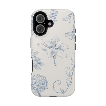 Vintage Blue Botanical Sketch Phone Case – MagSafe Compatible for iPhone & Samsung Galaxy
