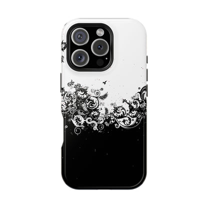 Ornate Black & White Floral Swirl Phone Case – MagSafe Compatible for iPhone & Samsung Galaxy