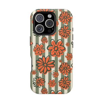 Retro Striped Floral Phone Case – MagSafe Compatible for iPhone & Samsung Galaxy