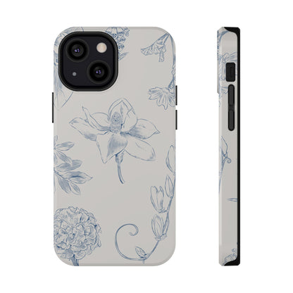 Vintage Blue Botanical Sketch Phone Case – MagSafe Compatible for iPhone & Samsung Galaxy