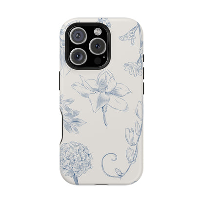 Vintage Blue Botanical Sketch Phone Case – MagSafe Compatible for iPhone & Samsung Galaxy