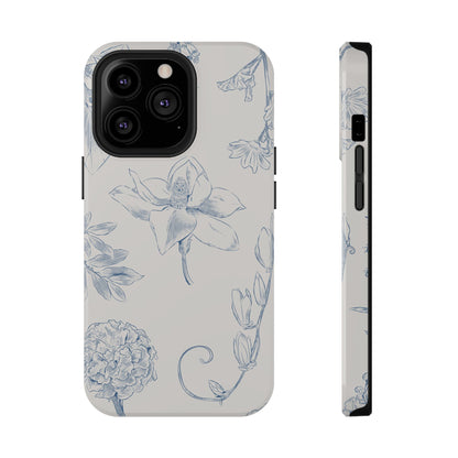Vintage Blue Botanical Sketch Phone Case – MagSafe Compatible for iPhone & Samsung Galaxy