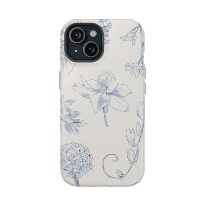 Vintage Blue Botanical Sketch Phone Case – MagSafe Compatible for iPhone & Samsung Galaxy