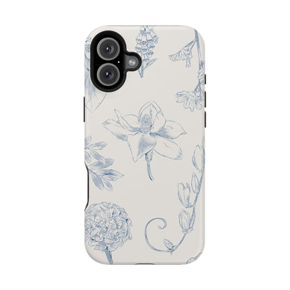 Vintage Blue Botanical Sketch Phone Case – MagSafe Compatible for iPhone & Samsung Galaxy