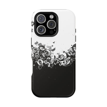 Ornate Black & White Floral Swirl Phone Case – MagSafe Compatible for iPhone & Samsung Galaxy