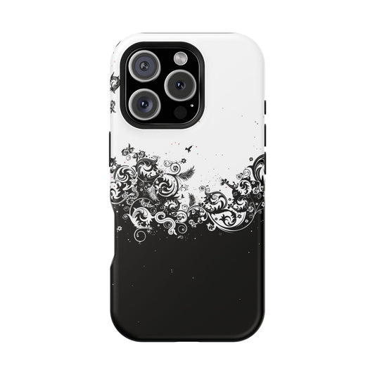 Ornate Black & White Floral Swirl Phone Case – MagSafe Compatible for iPhone & Samsung Galaxy