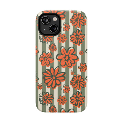 Retro Striped Floral Phone Case – MagSafe Compatible for iPhone & Samsung Galaxy