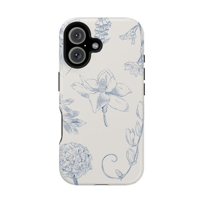 Vintage Blue Botanical Sketch Phone Case – MagSafe Compatible for iPhone & Samsung Galaxy