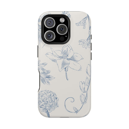 Vintage Blue Botanical Sketch Phone Case – MagSafe Compatible for iPhone & Samsung Galaxy