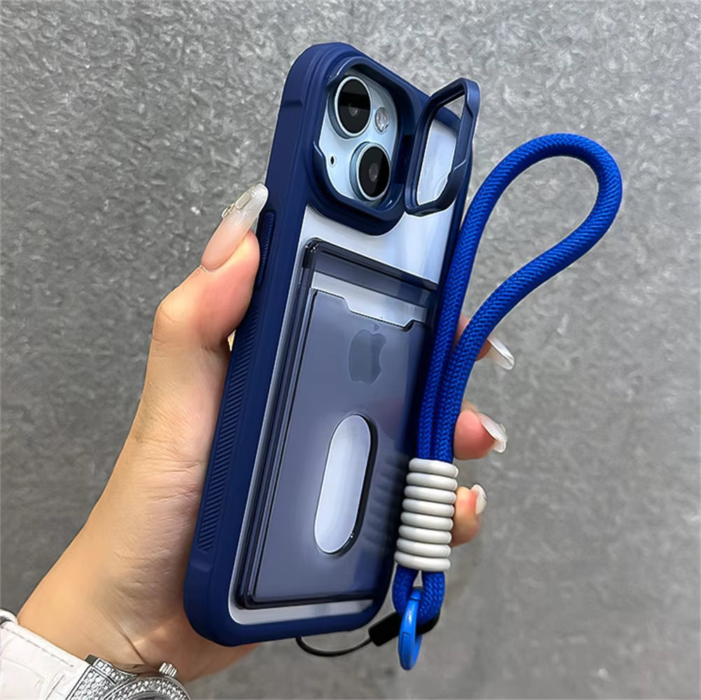 Acrylic Card Holder Clear Phone Case for iPhone 11-16 Pro Max Hand Strap Camera Stand Bracket Shockproof Cover - Phone Case Charm - Phone Case Hand Strap