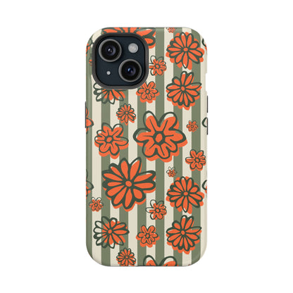 Retro Striped Floral Phone Case – MagSafe Compatible for iPhone & Samsung Galaxy
