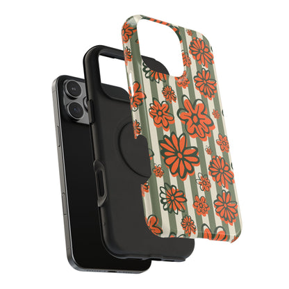 Retro Striped Floral Phone Case – MagSafe Compatible for iPhone & Samsung Galaxy
