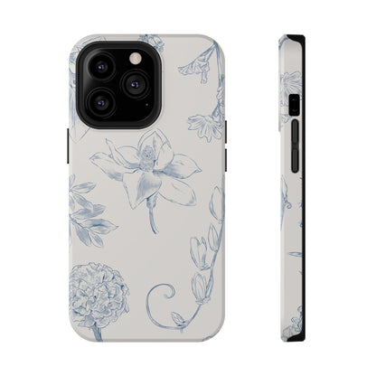 Vintage Blue Botanical Sketch Phone Case – MagSafe Compatible for iPhone & Samsung Galaxy
