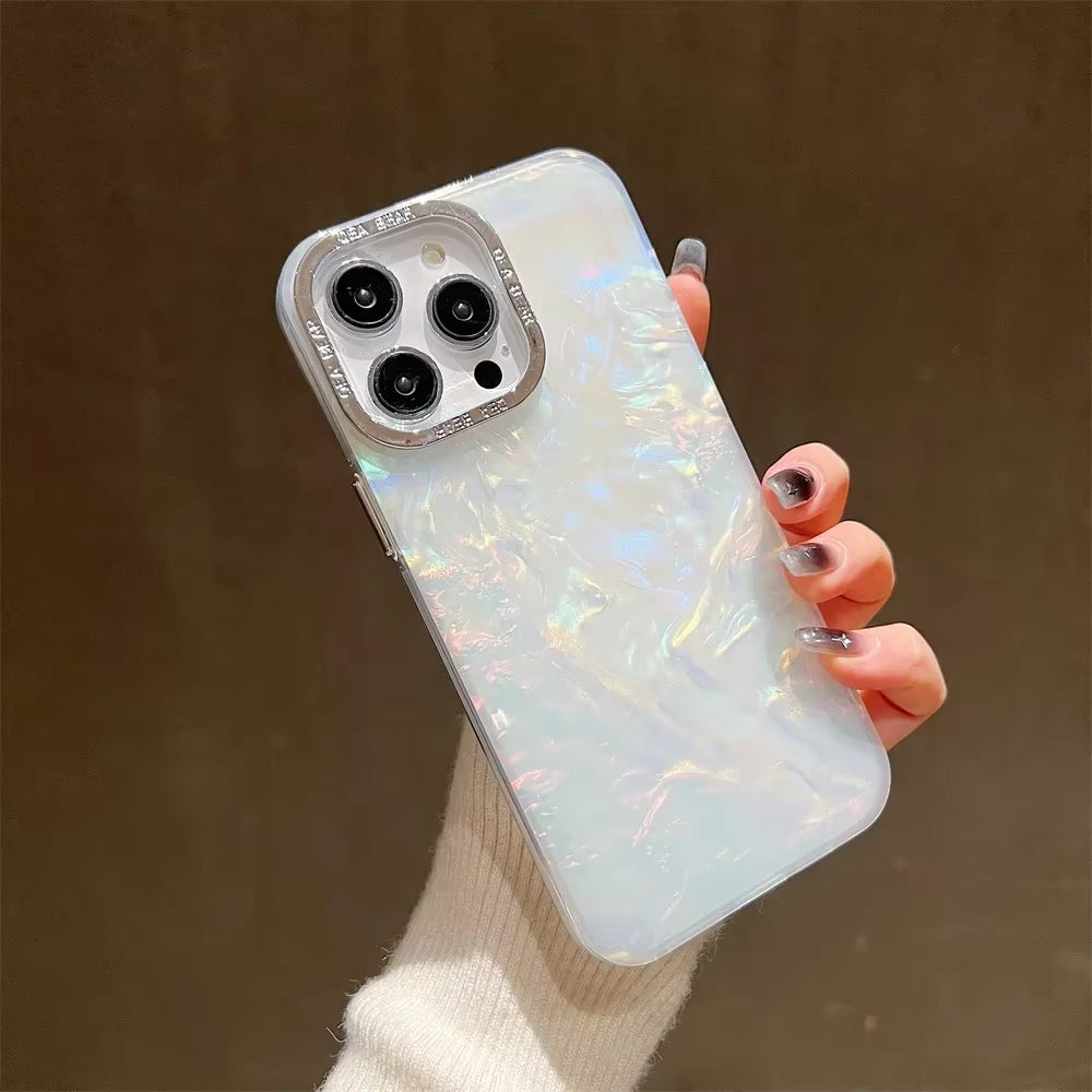 Luxury Shell Laser Case for iPhone 11-16 Pro - Plating Aurora Cover Hard Shockproof Cover - iPhone 16 Pro - Laser Engraved Case - Holographic Case Design - Glitter Case