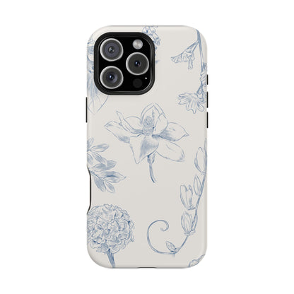 Vintage Blue Botanical Sketch Phone Case – MagSafe Compatible for iPhone & Samsung Galaxy