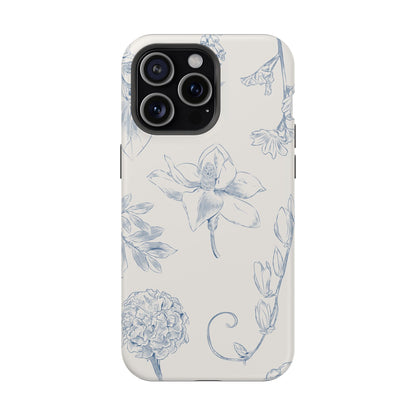 Vintage Blue Botanical Sketch Phone Case – MagSafe Compatible for iPhone & Samsung Galaxy