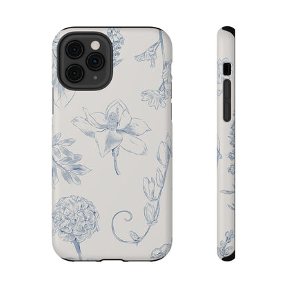 Vintage Blue Botanical Sketch Phone Case – MagSafe Compatible for iPhone & Samsung Galaxy