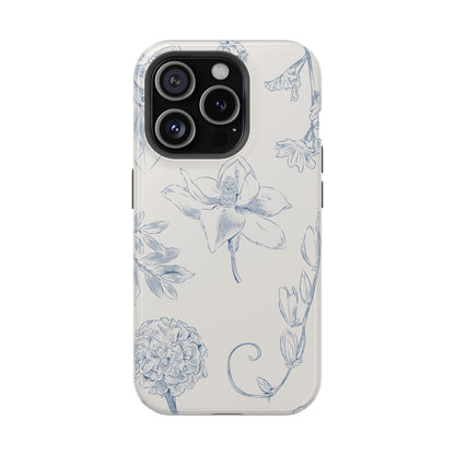 Vintage Blue Botanical Sketch Phone Case – MagSafe Compatible for iPhone & Samsung Galaxy