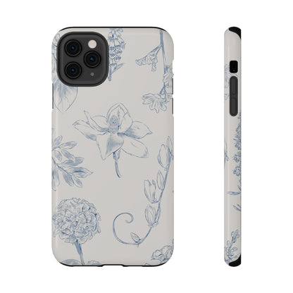 Vintage Blue Botanical Sketch Phone Case – MagSafe Compatible for iPhone & Samsung Galaxy