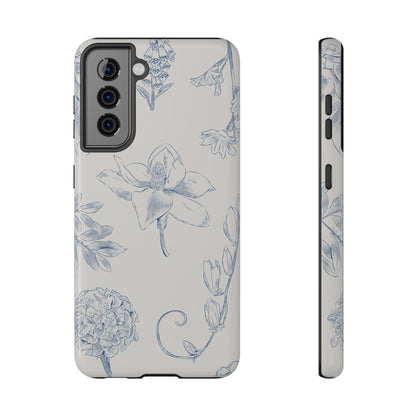 Vintage Blue Botanical Sketch Phone Case – MagSafe Compatible for iPhone & Samsung Galaxy