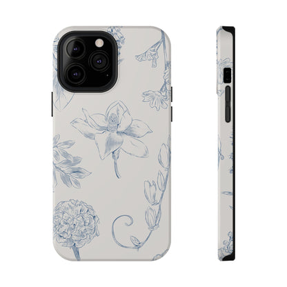 Vintage Blue Botanical Sketch Phone Case – MagSafe Compatible for iPhone & Samsung Galaxy