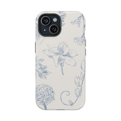 Vintage Blue Botanical Sketch Phone Case – MagSafe Compatible for iPhone & Samsung Galaxy