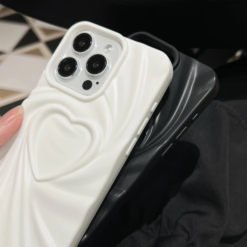 Fashion Fold Wrinkle 3D Love Heart Phone Case for iPhone 11-16 Pro Max - Soft Matte Silicone Full Cover - Trendy iPhone Case