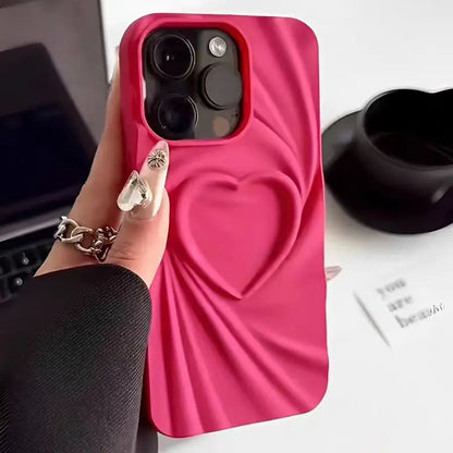 Fashion Fold Wrinkle 3D Love Heart Phone Case for iPhone 11-16 Pro Max - Soft Matte Silicone Full Cover - Trendy iPhone Case