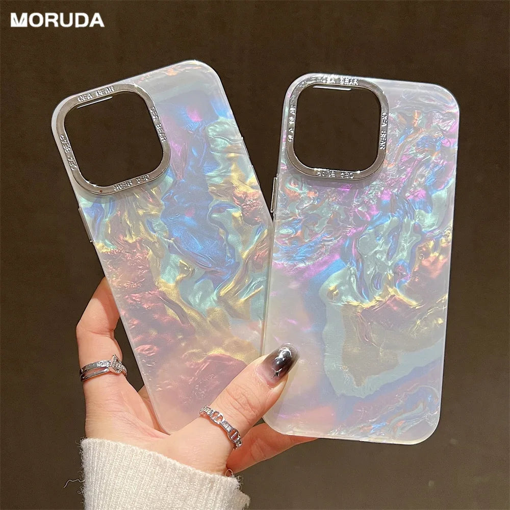 Luxury Shell Laser Case for iPhone 11-16 Pro - Plating Aurora Cover Hard Shockproof Cover - iPhone 16 Pro - Laser Engraved Case - Holographic Case Design - Glitter Case